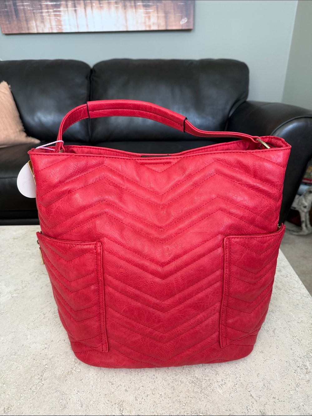 Quilted Chevron Red Tote with Exterior Pockets + Handbag